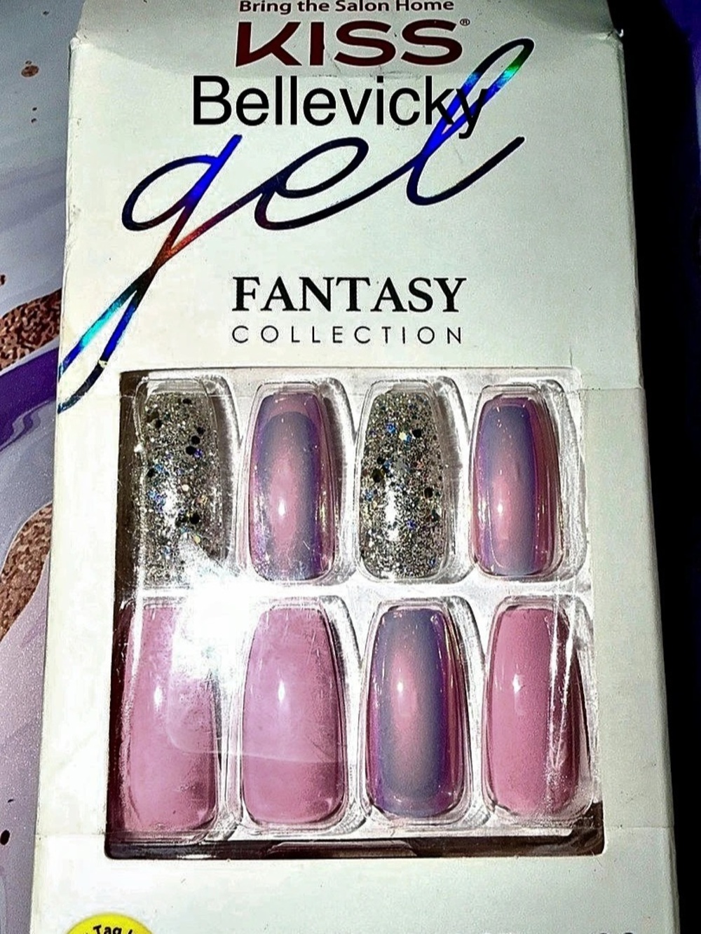 NEW Kiss Nails Gel Fantasy Press Glue Manicure Long Gel Coffin Pink Holo Silver